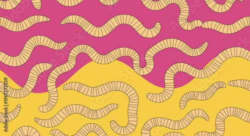Playful seamless pattern of many tan segmented worms crawling across a vibrant pink and yellow wavy background.
