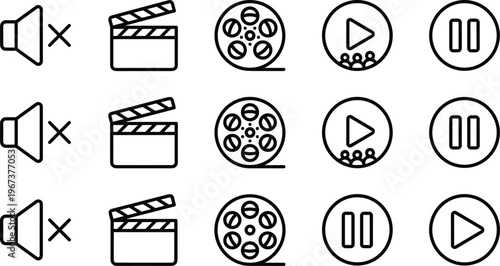 Media Player and Cinema Line Icon Set with Play, Pause, Sound, Mute, Film Reel and Clapperboard Symbols for Video, Audio, App and UI Design