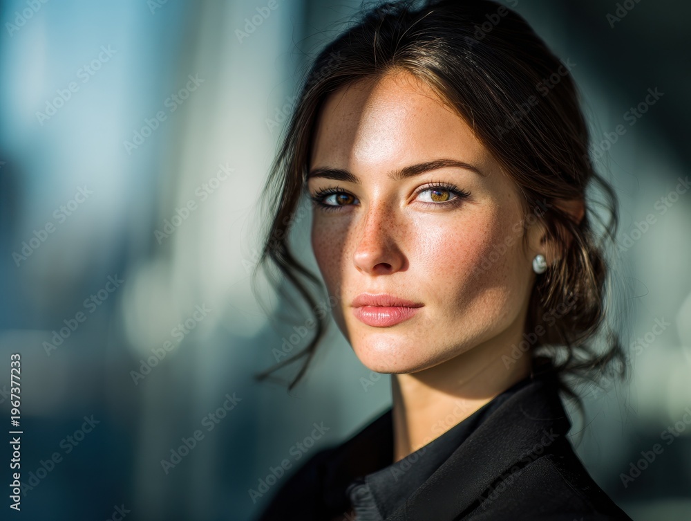 Obraz premium professional woman determined look on a blured office background with natural sunlight
