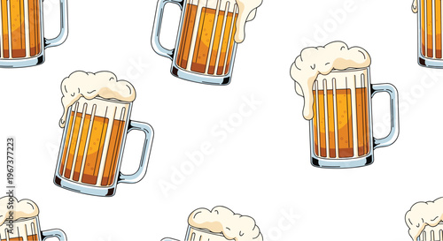 Vibrant seamless pattern showing mugs of amber beer topped with thick white frothy foam against a clean white background.