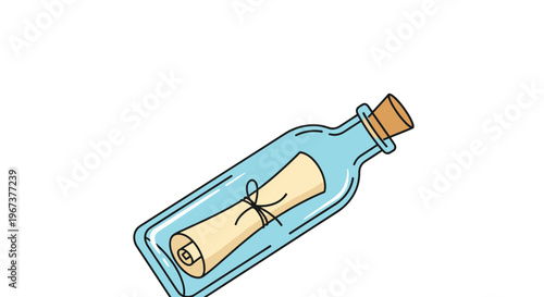 Classic message in a bottle illustration featuring an old paper scroll sealed inside a clear glass jar with a cork stopper.