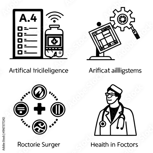 A vector graphic illustration of medical icons and symbols representing artificial intelligence and healthcare