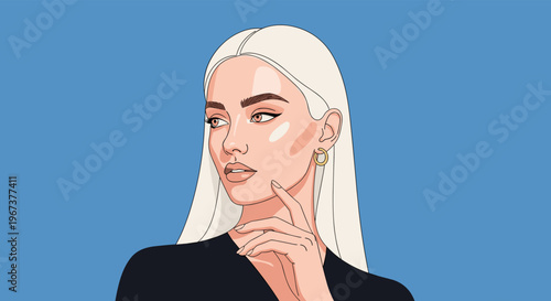 Artistic illustration of a beautiful woman with long white hair and gold hoop earrings posing against a bright and clear blue background.