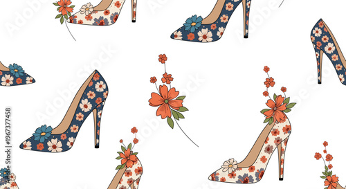 Stunning seamless pattern of floral high heel shoes accompanied by delicate orange flowers on a crisp white background.