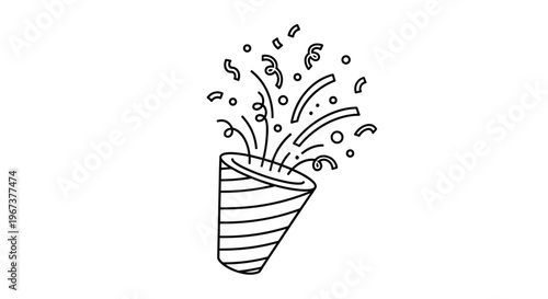 Minimalist black and white line drawing of a party popper exploding with confetti and streamers to celebrate a special occasion.