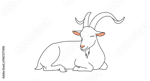 Simple line drawing of a white goat with long curved horns and a small beard sitting peacefully on a clean and bright white background.