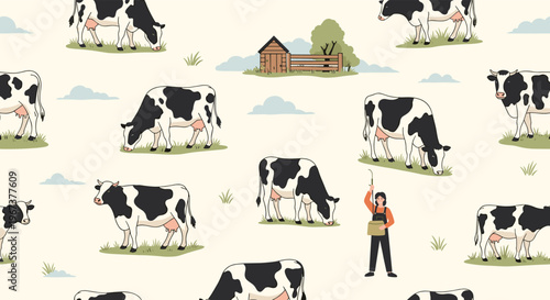 Charming pattern of dairy cows grazing in a green field near a farm shed and a person working for rural and agricultural design themes.