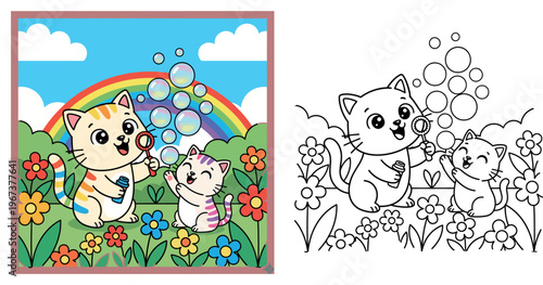 Adorable illustration of two happy cats blowing bubbles in a colorful flower garden under a rainbow