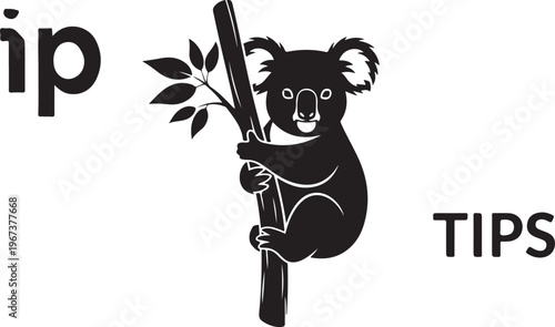 Black koala holding tree branch with leaves and text