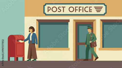 Flat Design Illustration of Woman Mailing Letter at Post Office