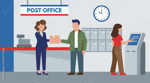 People sending and receiving mail at a modern post office