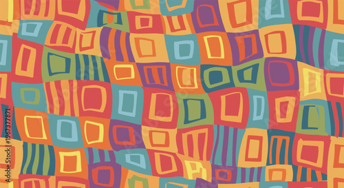 Vibrant seamless pattern of distorted and warped colorful squares in a playful abstract mosaic or patchwork style.