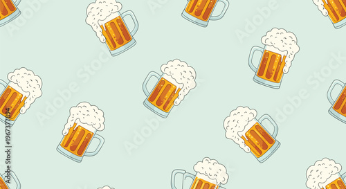 Refreshing seamless pattern of frosty beer mugs with thick white foam on a very pale mint green tinted background.