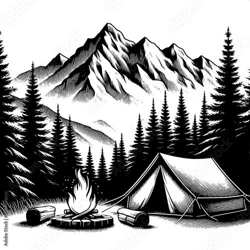 winter mountain camping scene with campfire and 