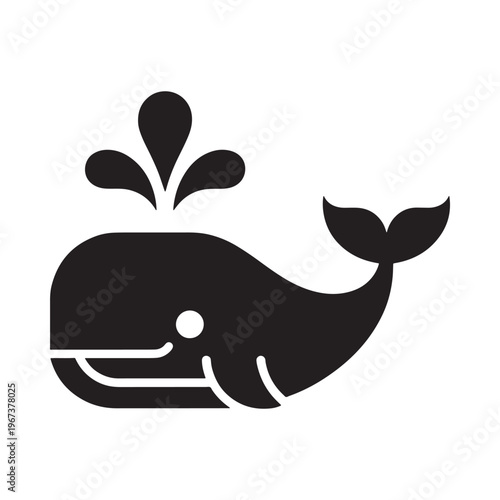 A simple black silhouette of a whale breaching with water droplets