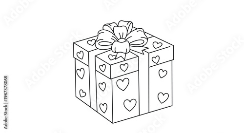 Elegant black and white line drawing of a gift box decorated with heart patterns and topped with a large ribbon bow.