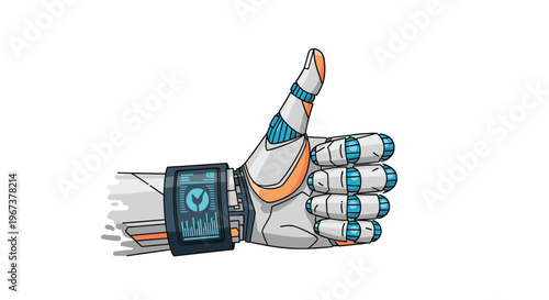 Futuristic robotic hand wearing a high tech digital device on the wrist giving a thumbs up gesture against a plain white background.