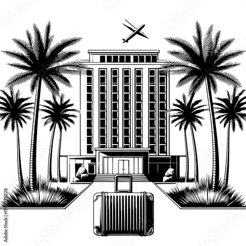 modern luxury hotel with airplane landing over tropical resort at dusk