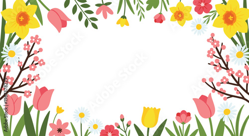 Beautiful floral border frame featuring an assortment of colorful spring flowers like tulips and daffodils around a central blank white space.