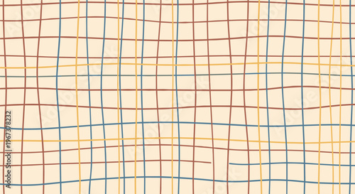 Abstract seamless grid pattern featuring irregular hand drawn lines in blue, yellow, and red colors over a warm cream background texture.