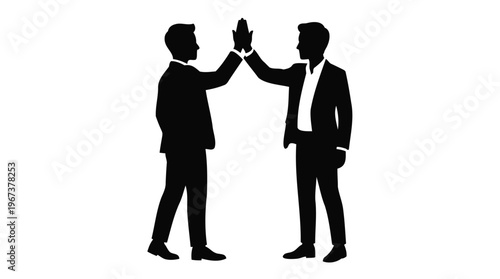 Graphic illustration of two businessmen high-fiving, symbolizing successful collaboration, agreement, and shared achievement in a professional setting