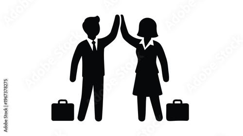 Professional business colleagues, a man and a woman, high-fiving in celebration of successful collaboration, teamwork, and shared achievements in the corporate environment