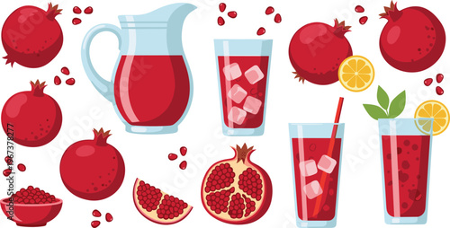 Pomegranate juice drinks set with fresh fruits slices seeds and glasses vector illustration isolated on white background