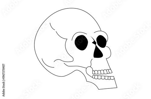 Simple skull outline in profile view. Black eyes and teeth contrast starkly against white background. Minimalist design evokes mystery or death themes. Suitable for Halloween, horror