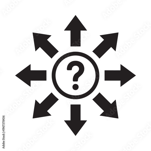 A black question mark inside a circle surrounded by diverging arrows