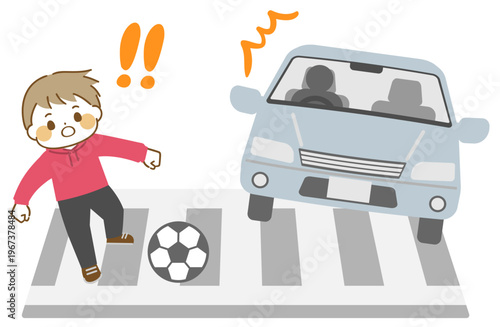 横断歩道に飛び出して自動車に驚く男の子のイラスト