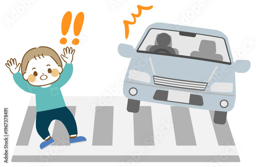 横断歩道で自動車に驚く男の子のイラスト
