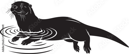 Black otter swimming in water with ripples silhouette