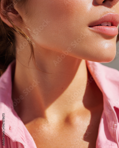 Glowing skin close up on neck and jawline with natural light highlighting smooth texture and soft lips in pink shirt