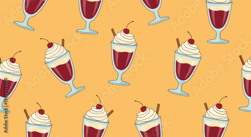 Sweet seamless pattern showing glasses of dark red milkshake topped with whipped cream and a cherry on an orange yellow background.