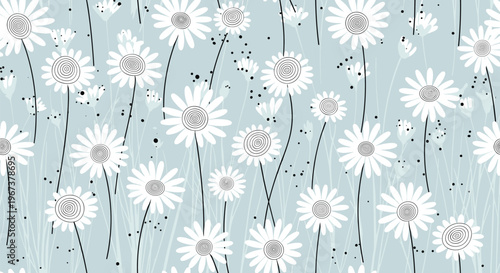 Elegant seamless pattern featuring white daisy flowers with long stems and small buds scattered on a soft light blue background with speckles.