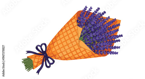 Beautiful bouquet of purple lavender flowers wrapped in orange paper with a dark blue bow isolated on a plain white background.