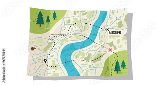 Detailed adventure treasure map showing a river, forest, mountains, a winding path, and red marks for locations on a wrinkled paper look.