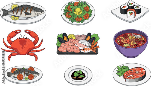 Seafood dishes collection with crab sushi salmon soup and fish meals vector illustration isolated on white background