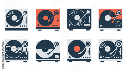 Turntable record player set with vinyl discs and vintage audio gears.