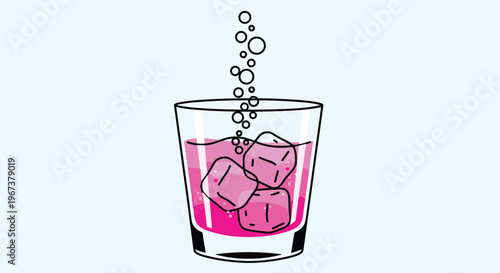 Refreshing illustration of a glass filled with a pink beverage, large ice cubes, and rising bubbles against a light blue background.
