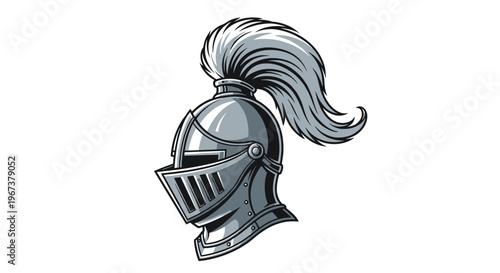 Detailed illustration of a silver medieval knight helmet with a large plume of grey feathers on top isolated on a white background.