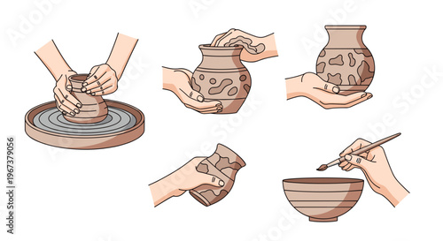 Educational set of illustrations showing various stages of pottery making including shaping clay on a wheel, hand building, and painting a vase.