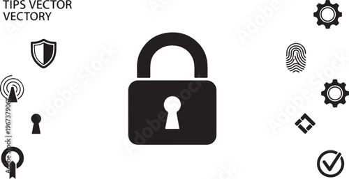 Black padlock surrounded by security on white background
