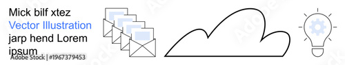 Cloud computing, email communication, innovation, digital storage, technology solutions, productivity tools. a cloud, lightbulb with gears and stacked envelopes. Cloud computing and email