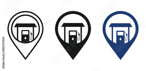 Gas Station Location Pin Icon Set – Outline, Solid and Blue Fuel Pump Map Marker Vector