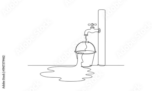 Continuous one line drawing of Water leaks out of a bucket filled with taps and puddles. National Hole In My Bucket Day. One line design vector illustration