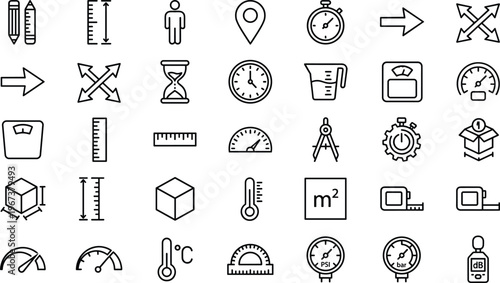 Measurement and Tools Icon Set with Ruler Scale Timer Thermometer Speedometer Engineering Units and Precision Instruments for Technical Design and UI