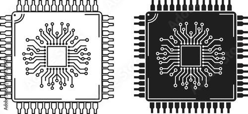 Computer microchip and central processing unit processor icons in line and silhouette styles, perfect for technology, hardware, and electronics concepts.