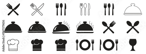 Set of food icons set. plate, fork, knife, spoon set menu  and cutlery icons. restaurant menu l icons set. restaurant dining and food service icon set. vector illustration. 