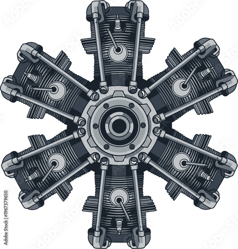 Detailed illustration of a six-cylinder radial aircraft engine.